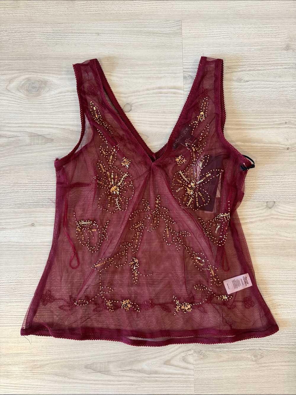 Y2K Burgundy Sheer Mesh Sequin Floral Tank Top – Rachel Zoe